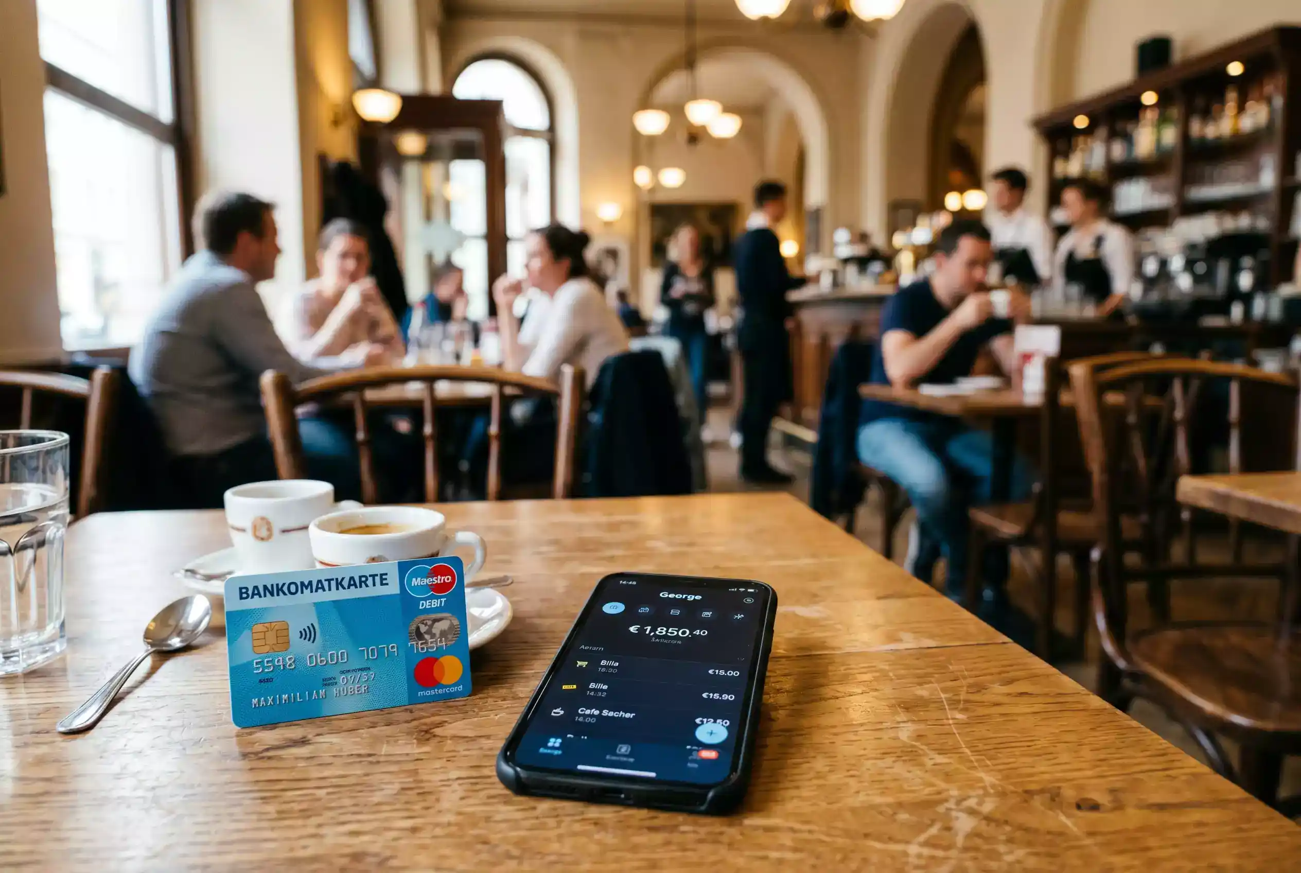 Österreichische Debit Mastercard Bankomatkarte auf einem Tisch neben einem Smartphone